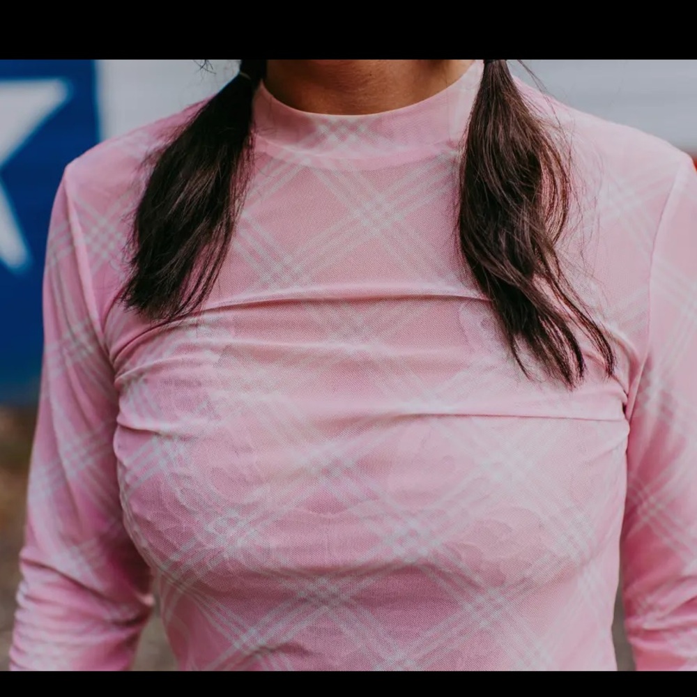 255. Plaid mesh sheer long sleeve top in pink